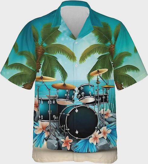 Discover Drum Sets Tropical Coconuts Hawaiian Shirt, Drum Short Sleeve Hawaiian Shirt, Drummers Gift, Casual Printed Beach Summer Shirt, Aloha Shirt