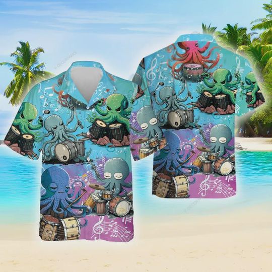 Discover Octopus Playing Drum Hawaiian Shirts For Men Wpmen, Tropical Music Summer Beach Shirt, Funny Octopus Aloha Shirt, Drum Hawaiian Shirts
