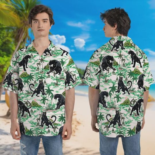 Discover Melanistic Jaguar Unisex Hawaiian Shirt, Tropical Island Pattern Aloha Button Down Shirt, Funny Hawaii Shirt, Family Aloha Shirt