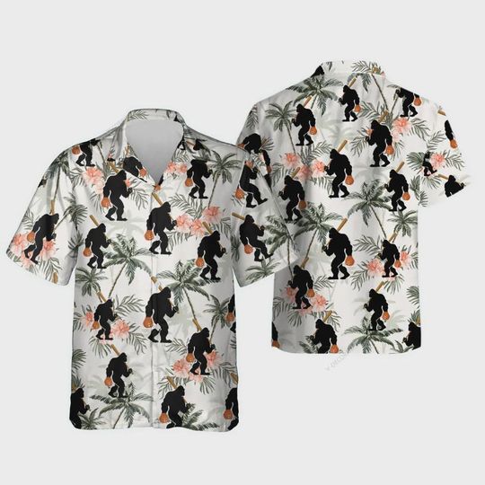 Discover Sasquatch Hawaiian Shirts, Baseball Bigfoot Hawaiian Shirts, Softball Summer Beach Shirt, Bigfoot Player Aloha Shirt, Bigfoot Hawaiian