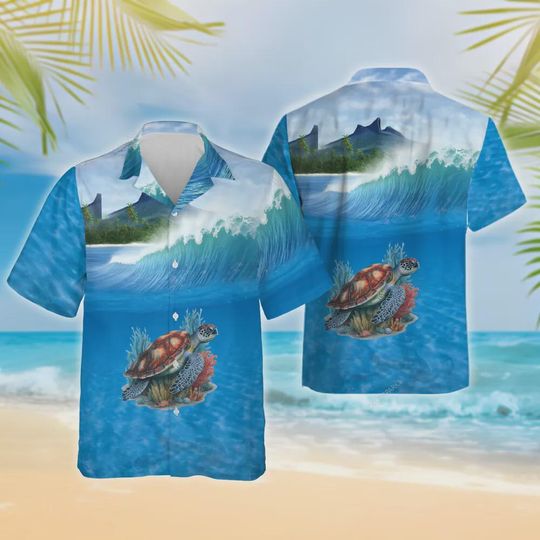 Discover Sea Turtle Hawaiian Shirts For Men Women, Beach Waves Tropical Summer Shirts, Ocean Turtle Aloha Shirts, Turtle Lovers Shirt