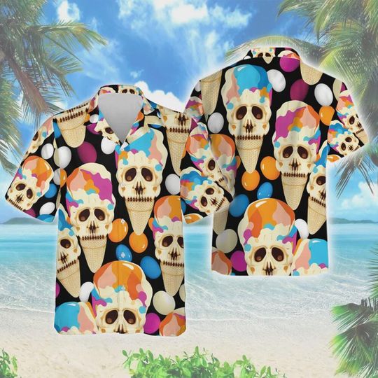 Discover Skull Vanilla Ice Cream Hawaii Shirt, Halloween Lover Aloha Beach Shirts, Vibrant Balloon Men's Casual Shirt, Tropical Button Shirt