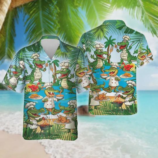 Discover Alligator Food Hawaiian Shirt For Men Women, Summer Beach Party Short Sleeve Button Down Shirts, Alligator Chef Aloha Summer Shirts