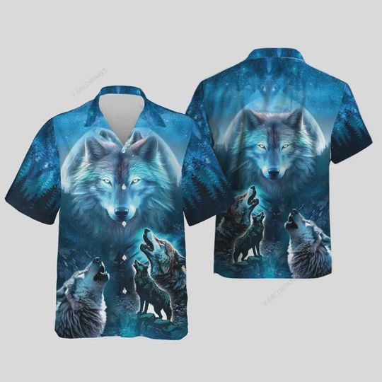 Howling Wolves Hawaiian Shirt For Men Women, Wild Wolves Mens Casual Summer Beach Shirt, Wolf Lover Button Down Short Sleeve Shirts