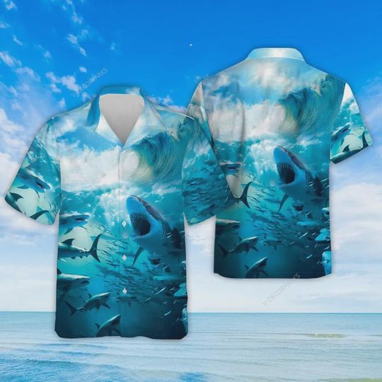 Discover Shark And Ocean Hawaiian Shirts For Men, Summer Button Down Hawaiian Shirt, Sea Ocean Sharks Shirt, Summer Beach Shirt, Hawaiian Aloha Shirt