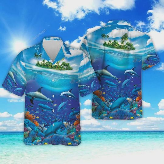 Discover Sea Dolphin Tropical Island Hawaiian Shirts For Men Women, Ocean Dolphins Summer Beach Shirt, Hawaiian Aloha Shirt, Casual Printed Beach