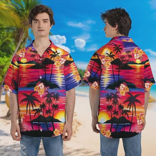 Discover Tropical Beach Sunset Hawaiian Shirts For Men Women, Tropical Pattern Shirt, Aloha Hawaiian Shirt Short Sleeve Hawaiian, Beach Shirt