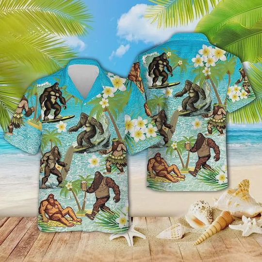 Discover Bigfoot Surfing Tropical Hawaiian Shirts Short Sleeves, Bigfoot Sasquatch Shirt, Tropical Summer Beach Aloha Button Down Mens Hawaiian