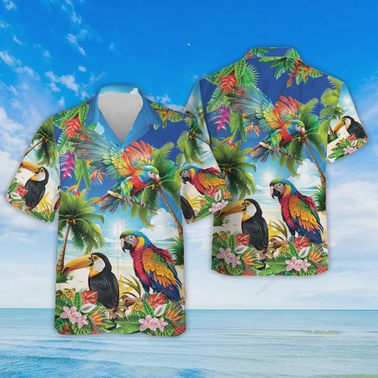 Scarlet Macaw Hawaiian Shirts, Parrot Toucan Summer Beach Shirt, Tropical Island Hibiscus Aloha Shirts, Tropical Birds Hawaiian Shirt