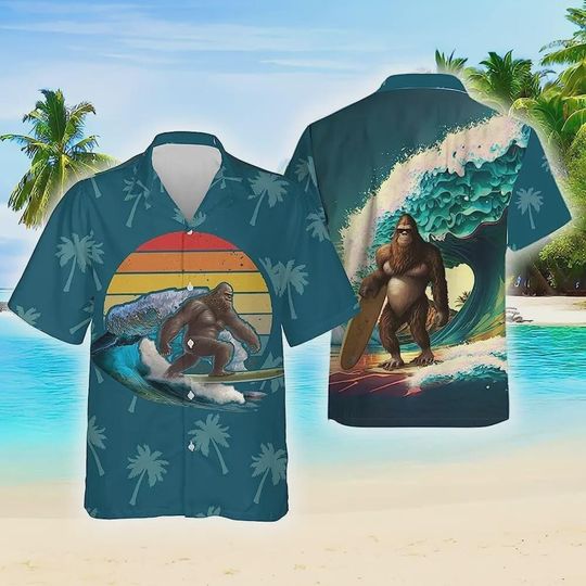 Discover Vintage Bigfoot Surfing Summer Men Hawaiian Shirts, Bigfoot Shirt, Tropical Beach Shirt, Hawaiian Casual Button Down Shirt, Bigfoot Surfing