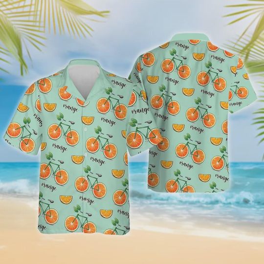 Discover Orange Bike Hawaiian Shirts For Men Women, Tropical Fruits Summer Beach Shirt, Cycling Aloha Shirts, Bicycle Lovers Button Down Short Sleeve