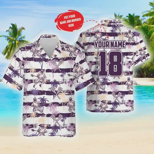 Discover Personalized Name & Number Lacrosse Player Hawaiian Shirts For Men Women, Lacrosse Summer Beach Shirt, Lacrosse Short Sleeve Button Down