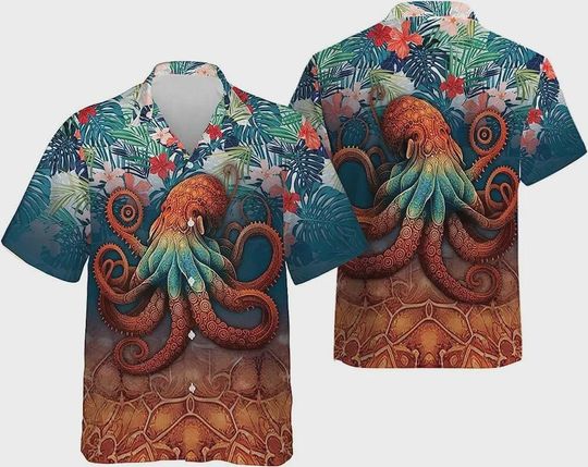 Discover Octopus Tropical Pattern Hawaiian Shirt, Amazing Octopus Shirt, Casual Printed Beach Summer Shirt, Aloha Beach Shirt, Tropical Button Shirt