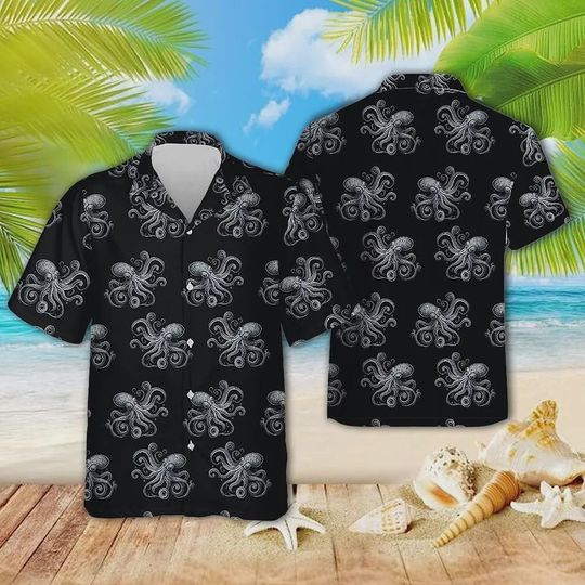 Discover Ocean Octopus Button Down Hawaiian Shirts For Men, Sea Animal Button Vintage Aloha Hawaii Shirt, Family Hawaiian Beach Shirt