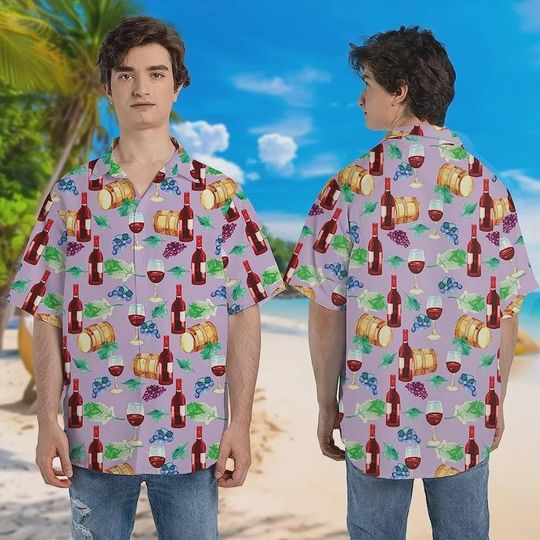 Discover Grapes And Wine Bottle Hawaiian Shirt, Vintage Wine Summer Casual Button Down Shirt, Short Sleeve Shirt, Aloha Summer Shirt, Summer Beach