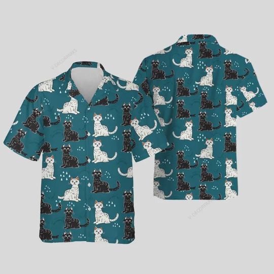 Discover Cute Cat Hawaiian Shirt For Men Women, Cat Lover Mens Casual Summer Beach Shirts, Vintage Pattern Short Sleeve Button Down Shirts