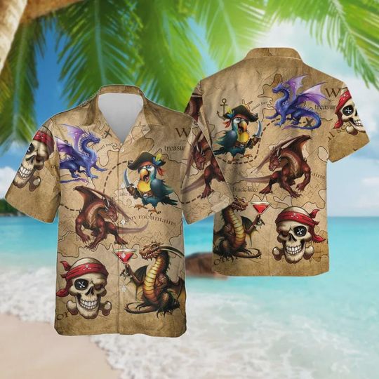 Discover Dragon Pirates Hawaiian Shirts For Men Women, Funny Dragon Treasure Map Button Down Short Sleeve Shirts, Parrot Skull Pirate Summer Beach