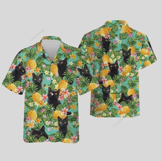 Discover Pineapple Black Cat Hawaiian Shirt For Men Women, Cat Lover Mens Casual Summer Beach Shirts, Tropical Fruits Short Sleeve Button Down Shirts