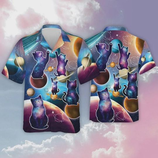 Galaxy Cat Hawaiian Shirt For Men Women, Galaxy Hawaii Style Summer Beach Shirt, Hawaii Aloha Shirt, Summer Casual Button Down Short Sleeve