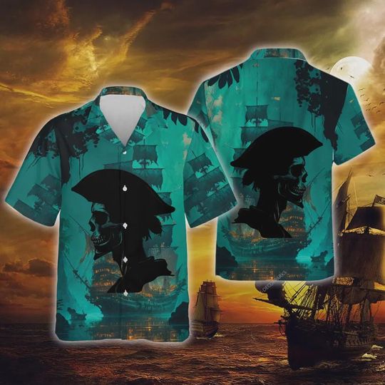 Discover Pirate Skull Hawaiian Shirts For Men Women, Pirate Ship Aloha Beach Shirt, Horror Skull Casual Button Down Shirt