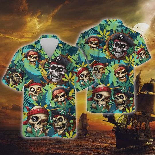 Discover Tropical Pirate Skull Hawaiian Shirts For Men Women, Funny Pirate Style Aloha Beach Shirt, Horror Skeleton Casual Button Down Shirt