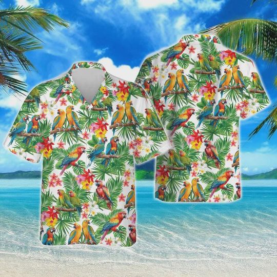 Discover Parrots Hawaiian Shirt For Men Women, Tropical Birds Hawaii Aloha Shirts, Tropical Forest Summer Beach Shirts, Mens Button Down Short Sleeve