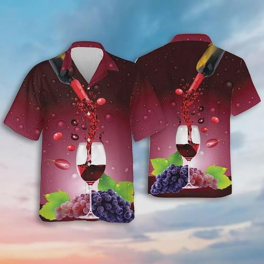 Grape Wine Short Sleeve Button Down Hawaiian, Grape Wine Summer Aloha Shirt, Casual Printed Beach Summer Shirt, Wine Lovers Gift