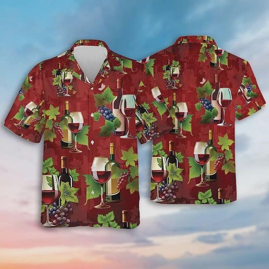 Vintage Grape Wine Summer Men Hawaiian Shirt, Champagne Summer Beach Shirt, Short Sleeve Button Down Hawaiian Shirt, Wine Lover Gift