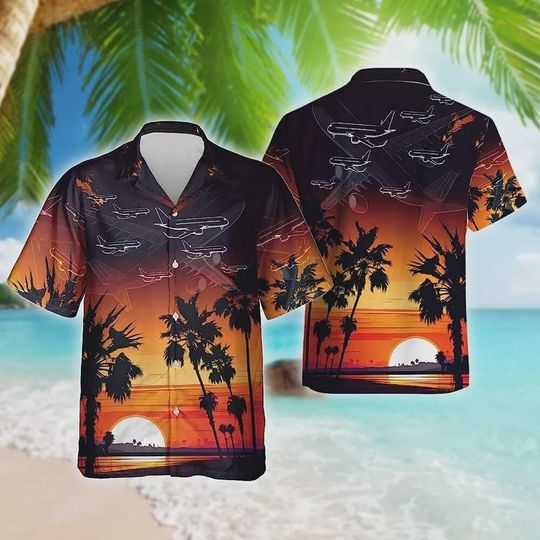 Airplane Summer Tropical Sunset Hawaiian Shirt, Aviation Hawaiian Style Shirts, Summer Aloha Shirt, Aloha Vibes Beach Shirt, Gift For Pilots