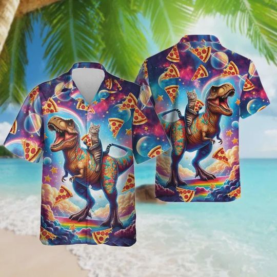 Discover Cat T-rex Hawaiian Shirt For Men Women, Funny Mens Hawaiian Shirts Short Sleeve Button Down Shirts, Dinosaur Pizza Aloha Summer Beach Shirts