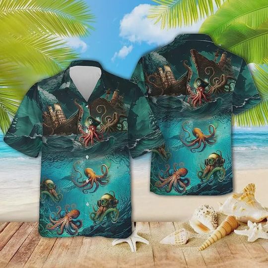 Funny Pirate Octopus Hawaiian Shirts For Men, Octopus Casual Button Down Hawaiian Shirt, Short Sleeve Shirt, Summer Men Hawaiian Shirt