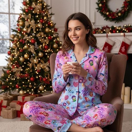 Discover Huntrix Cartoon Pajamas Set, Holiday Satin Sleepwear, Cute Idol-Inspired PJs, Cozy Pink Blue Loungewear Gift for Fans & Her PSK1554