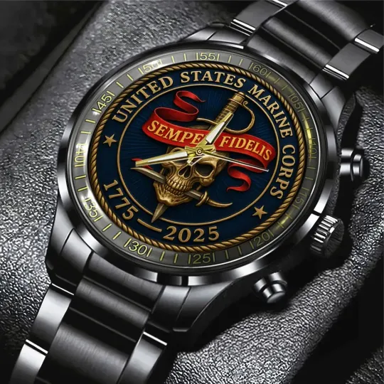 US Marine Corps 250th Anniversary Black Stainless Steel Band Watch