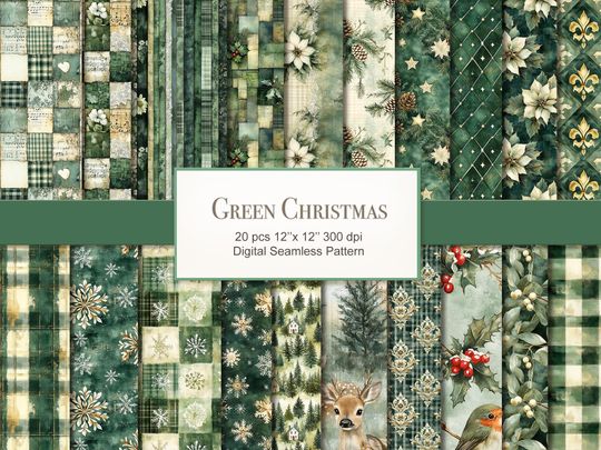 Green Cottagecore Christmas Winter Seamless Pattern.  Craft Paper Bundle. Commercial Use. Wrapping Gift, Junk Journal