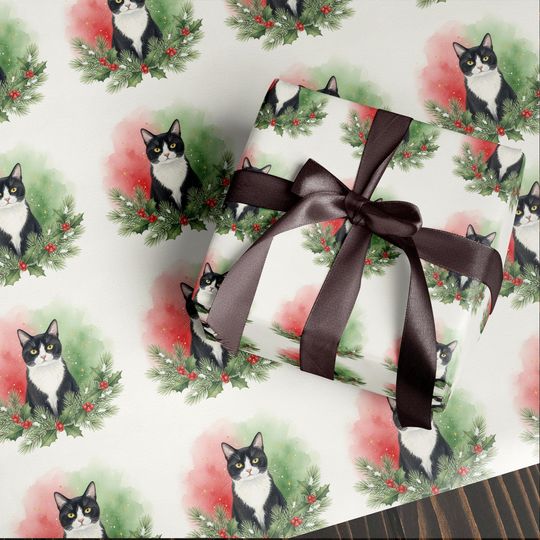 Discover Tuxedo Cat Wrapping Paper | Christmas Cat with Holly Wreath