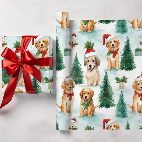 Discover Golden Retriever Christmas Wrapping Paper | Dog Gift Wrap with Santa Hats & Trees | Pet Lover Holiday Paper Roll