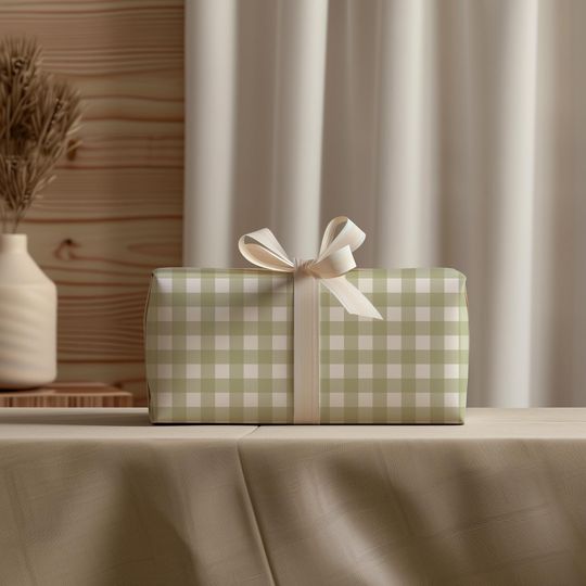 Discover Chic Gingham Wrapping Paper Roll Sage Green, Plaid Striped Xmas Gift Wrap, Luxury Premium Paper