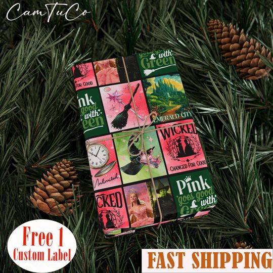 Wicked Movie Wrapping Paper Gifts, Glinda Elphaba Green Or Pink Family Matching, 2025 Wicked Wrapping Gifts, Christmas Holiday Party Paper