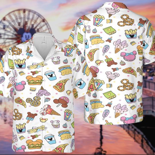 Discover Cute Mickey Mouse Food Snacks Hawaiian Shirt, Disney Foodie Shirt, Disney Parks Summer Vibes Tee, Disneyland Vacation Gift, Magic Kingdom Tee
