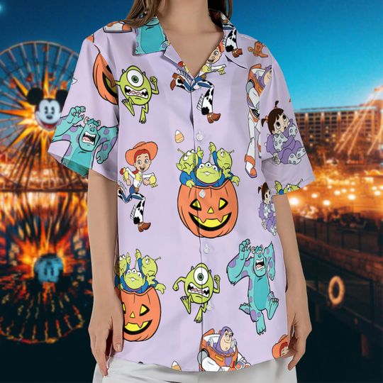 Discover Cute Toy Story and Monsters Inc Pumpkin Hawaii Shirt, Pixar Movie Theme Halloween Shirt, Disney Tricks And Treats Tee, Spooky Season Tee