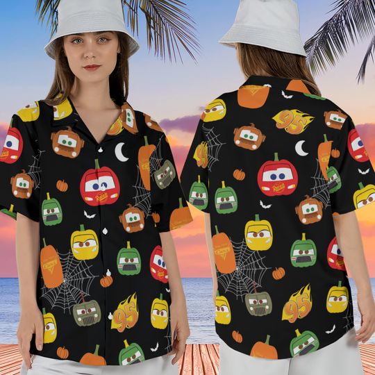 Discover Cute Pixar Cars Halloween Hawaiian Shirt, Retro Radiator Springs Lightning McQueen Pumpkin Button Up Shirt, Disney Spooky Cruise Cars Trip