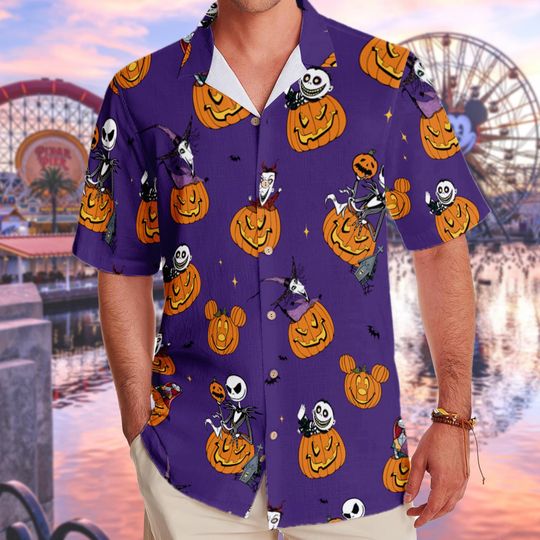 Discover Retro Nightmare Before Christmas Hawaiian Shirt, Disney Pumpkin Halloween Button Up Shirt, Disney Halloween Family Trip Shirt