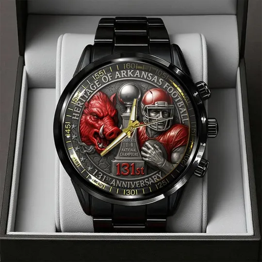 Arkansas Razorbacks Football 131st Anniversary Black Stainless Steel Calendar Watch