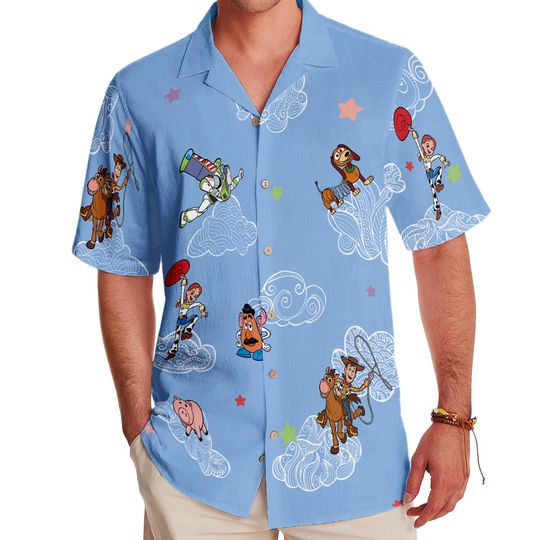 Discover Disney Toy Story Group Characters Clouds Hawaiian Shirt, Disney Hawaiian Short Sleeve, Disneyland Summer T-shirt, Woody Buzz Jessie Rex Shirt