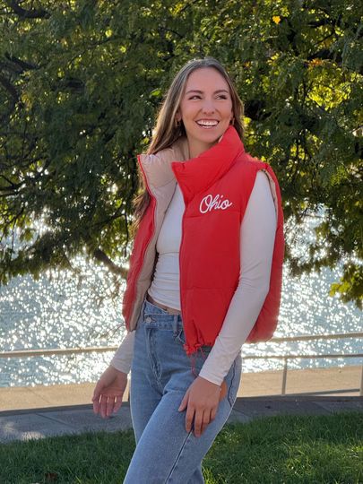 Discover Ohio State puffer vest; OSU jacket; reversible Ohio State Buckeye front zip vest; OSU football jacket; OSU apparel; Buckeye football;