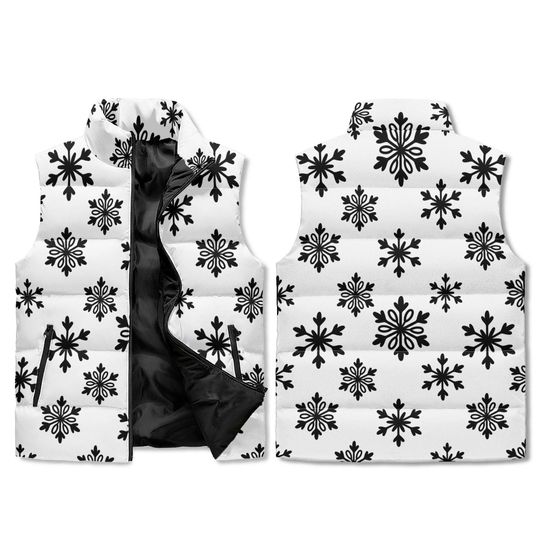 Black White Snowflake Vest - Winter Pattern All Over Print Zip Up Unisex Puffer