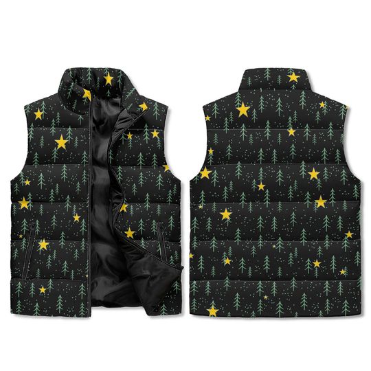 Discover Starry Winter Forest Puffer Vest - Black AOP Print Unisex
