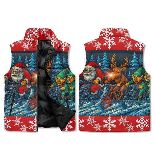 Christmas Mountain Biker Puffer Vest: Stand Collar Zip Up