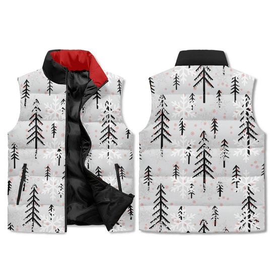 Gray Winter Forest Vest - Tree & Snow AOP Print Unisex Zip Up Puffer Jacket