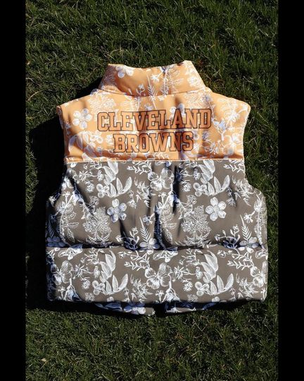 Discover Women's Toile Cropped Puffer Vest Custom School Name & Colors